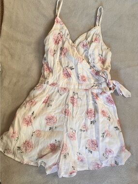 Abercrombie & Fitch White Wrap Romper with Pink Floral Print